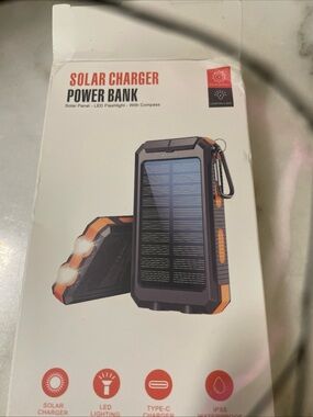 Rugged Solar Power Bank Charger with LED Flashlight - Black & Orange